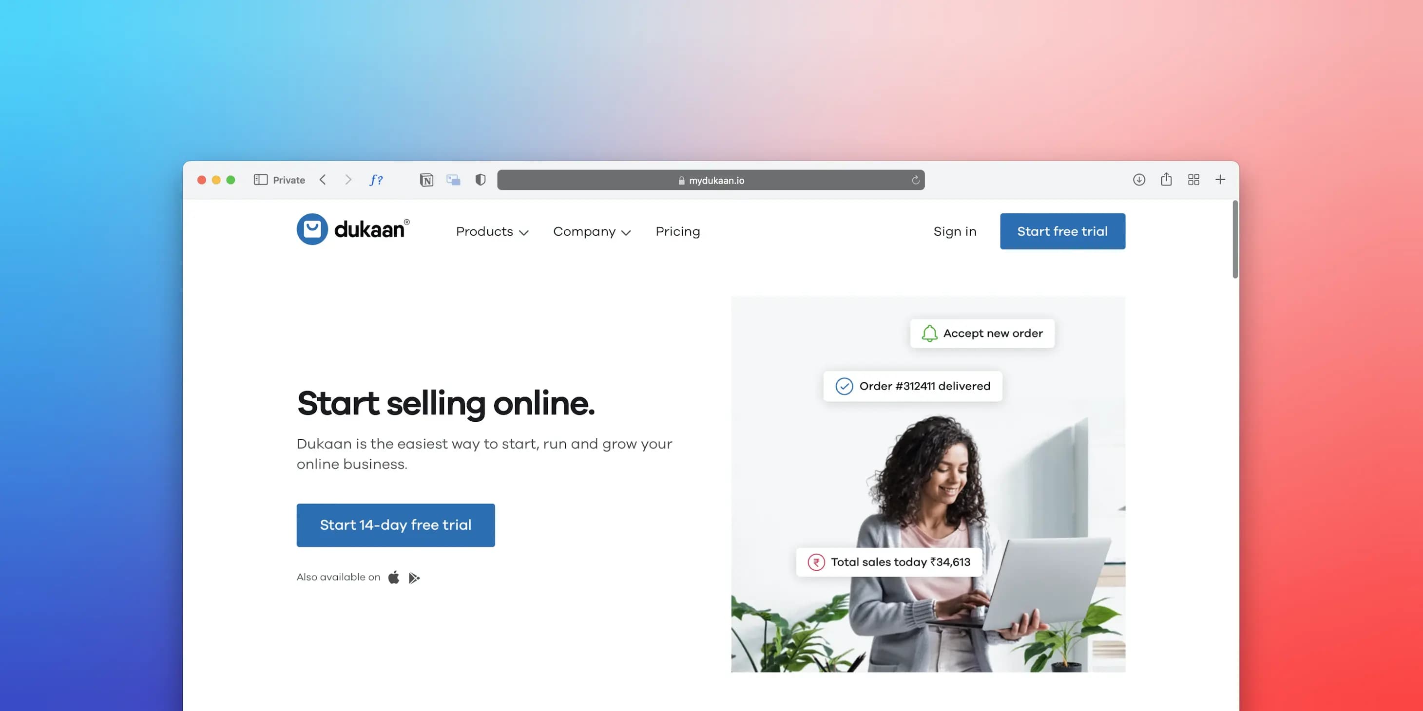 Website homepage with start trial call to action