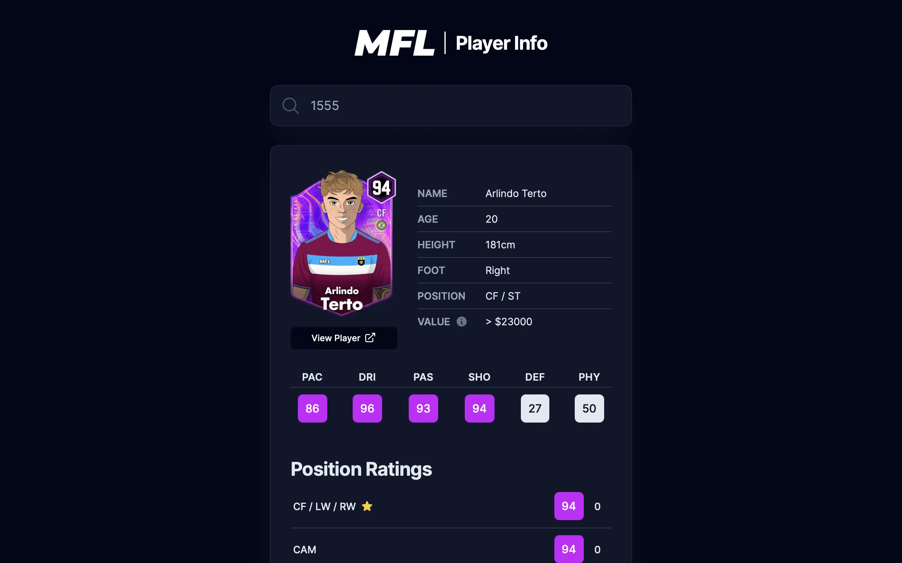 MFL Player Info website